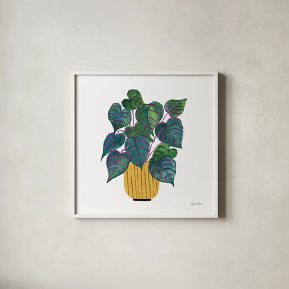 Potted Jewels I by Farida Zaman. Shown in a crisp white glass frame for a clean and minimalist style. Available as an archival giclee rolled canvas, fine art paper, or poster print. SKU 67557a.