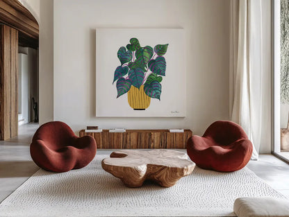 Potted Jewels I by Farida Zaman. Shown as extra-large giant wall art in a modern living room. Available as an archival giclee rolled canvas, fine art paper, or poster print. SKU 67557a.