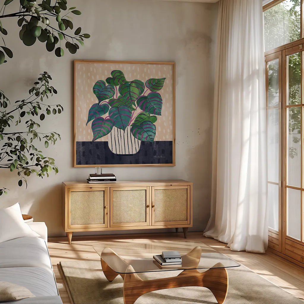 Potted Jewels I Abstract by Farida Zaman. Shown in a natural wood frame in a cozy modern living room. Available as an archival giclee rolled canvas, fine art paper, or poster print. SKU 79059a.