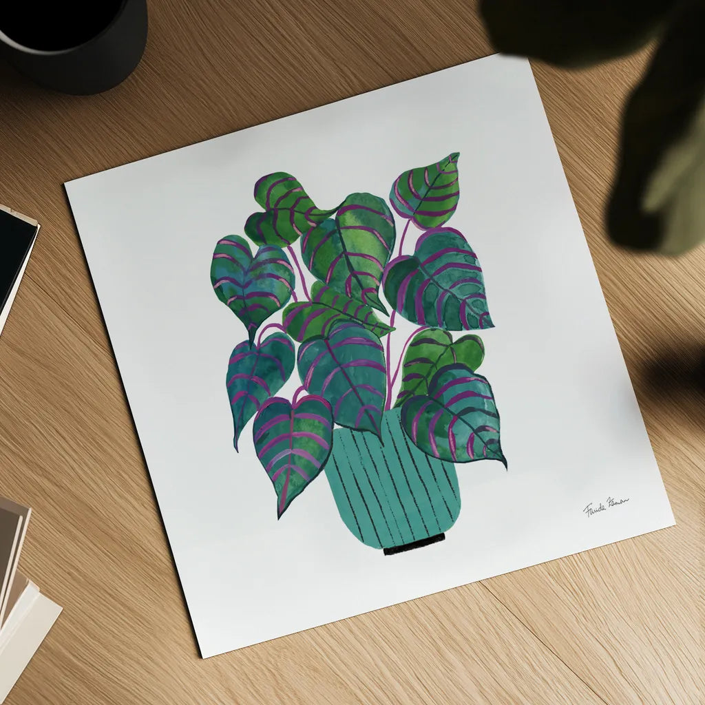 Potted Jewels I Aqua by Farida Zaman. Shown as a detailed flat fine art print, highlighting archival giclee quality. Available as an archival giclee rolled canvas, fine art paper, or poster print. SKU 68949a.
