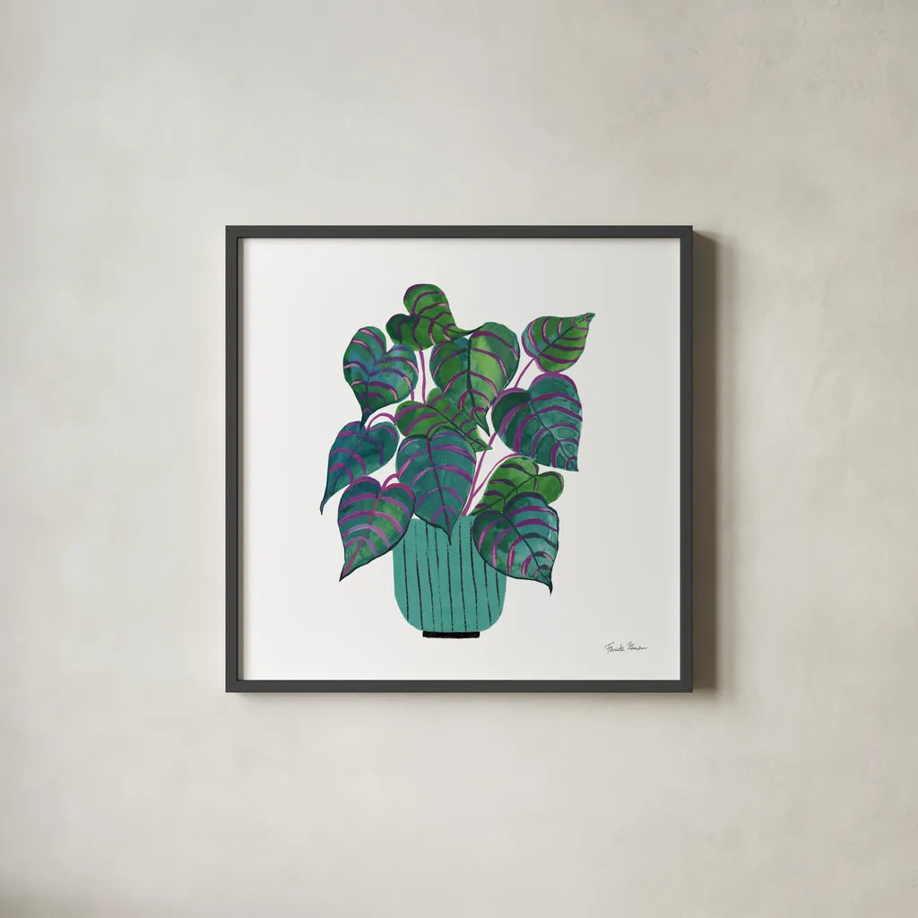 Potted Jewels I Aqua by Farida Zaman. Shown in a sleek black glass frame for a contemporary gallery look. Available as an archival giclee rolled canvas, fine art paper, or poster print. SKU 68949a.