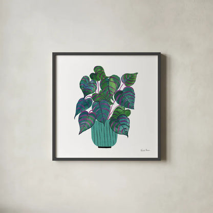 Potted Jewels I Aqua by Farida Zaman. Shown in a sleek black glass frame for a contemporary gallery look. Available as an archival giclee rolled canvas, fine art paper, or poster print. SKU 68949a.