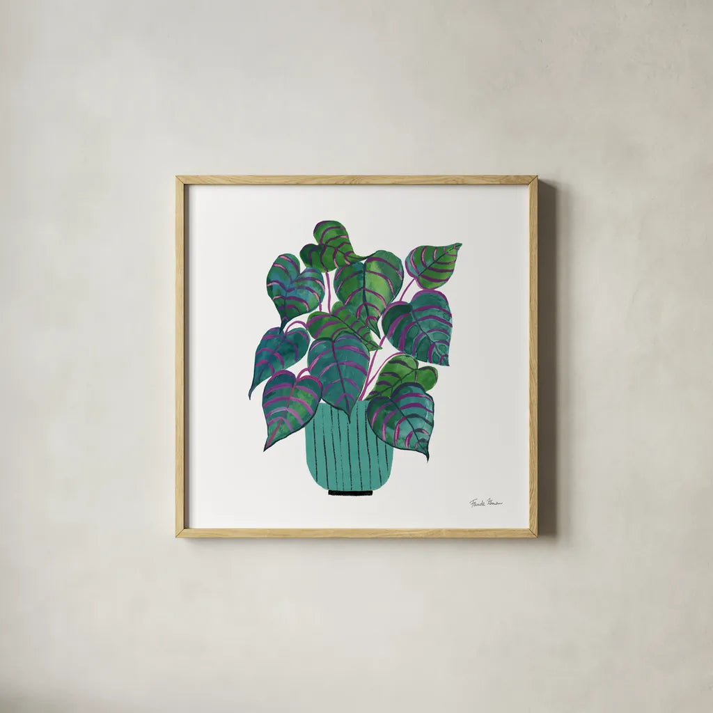 Potted Jewels I Aqua by Farida Zaman. Shown in a natural wood glass frame for a timeless modern aesthetic. Available as an archival giclee rolled canvas, fine art paper, or poster print. SKU 68949a.