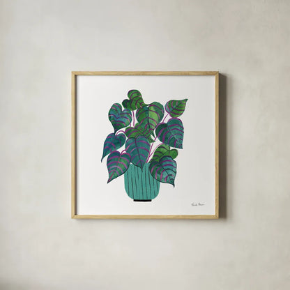 Potted Jewels I Aqua by Farida Zaman. Shown in a natural wood glass frame for a timeless modern aesthetic. Available as an archival giclee rolled canvas, fine art paper, or poster print. SKU 68949a.