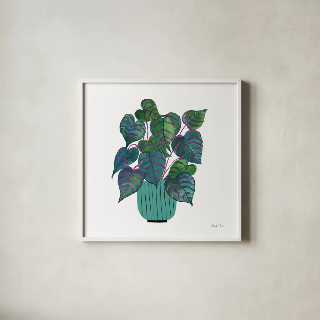 Potted Jewels I Aqua by Farida Zaman. Shown in a crisp white glass frame for a clean and minimalist style. Available as an archival giclee rolled canvas, fine art paper, or poster print. SKU 68949a.