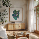 Potted Jewels I Aqua by Farida Zaman. Shown in a natural wood frame in a cozy modern living room. Available as an archival giclee rolled canvas, fine art paper, or poster print. SKU 68949a.