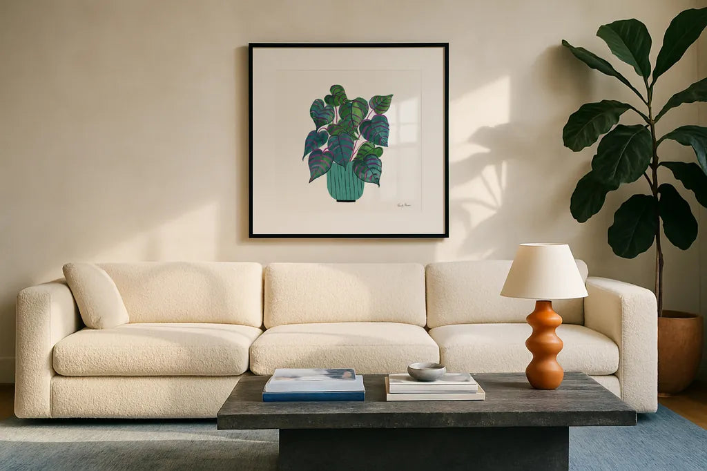 Potted Jewels I Aqua by Farida Zaman. Displayed in a glass frame with matte in a clean modern living room. Available as an archival giclee rolled canvas, fine art paper, or poster print. SKU 68949a.
