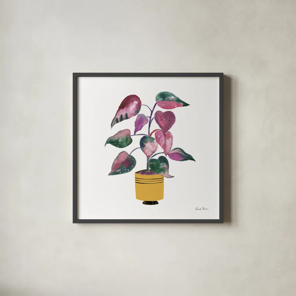 Potted Jewels II by Farida Zaman. Shown in a sleek black glass frame for a contemporary gallery look. Available as an archival giclee rolled canvas, fine art paper, or poster print. SKU 67558a.