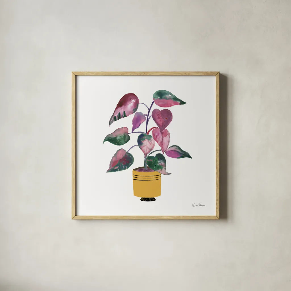 Potted Jewels II by Farida Zaman. Shown in a natural wood glass frame for a timeless modern aesthetic. Available as an archival giclee rolled canvas, fine art paper, or poster print. SKU 67558a.