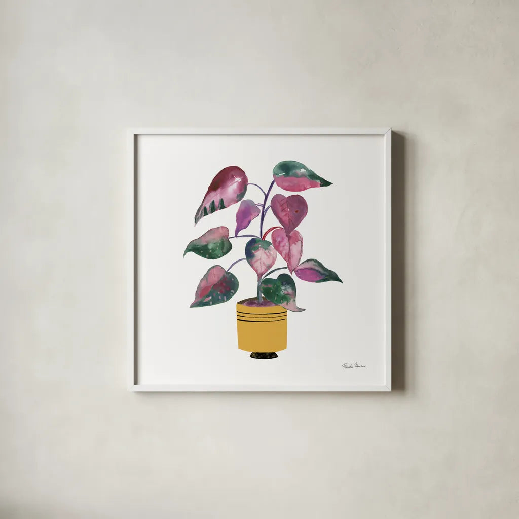 Potted Jewels II by Farida Zaman. Shown in a crisp white glass frame for a clean and minimalist style. Available as an archival giclee rolled canvas, fine art paper, or poster print. SKU 67558a.