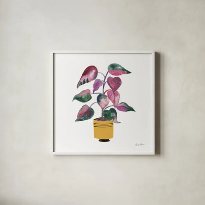 Potted Jewels II by Farida Zaman. Shown in a crisp white glass frame for a clean and minimalist style. Available as an archival giclee rolled canvas, fine art paper, or poster print. SKU 67558a.