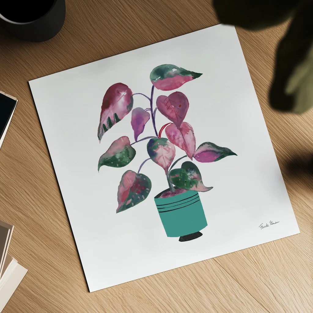 Potted Jewels II Aqua by Farida Zaman. Shown as a detailed flat fine art print, highlighting archival giclee quality. Available as an archival giclee rolled canvas, fine art paper, or poster print. SKU 68950a.