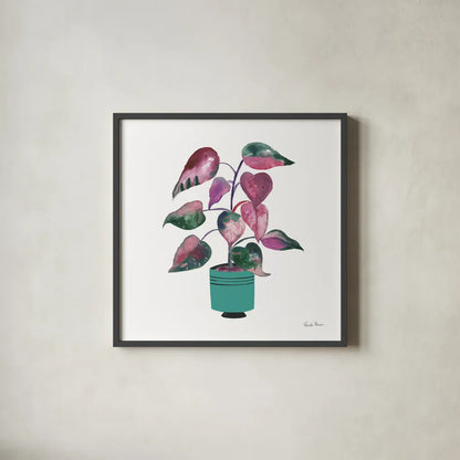 Potted Jewels II Aqua by Farida Zaman. Shown in a sleek black glass frame for a contemporary gallery look. Available as an archival giclee rolled canvas, fine art paper, or poster print. SKU 68950a.