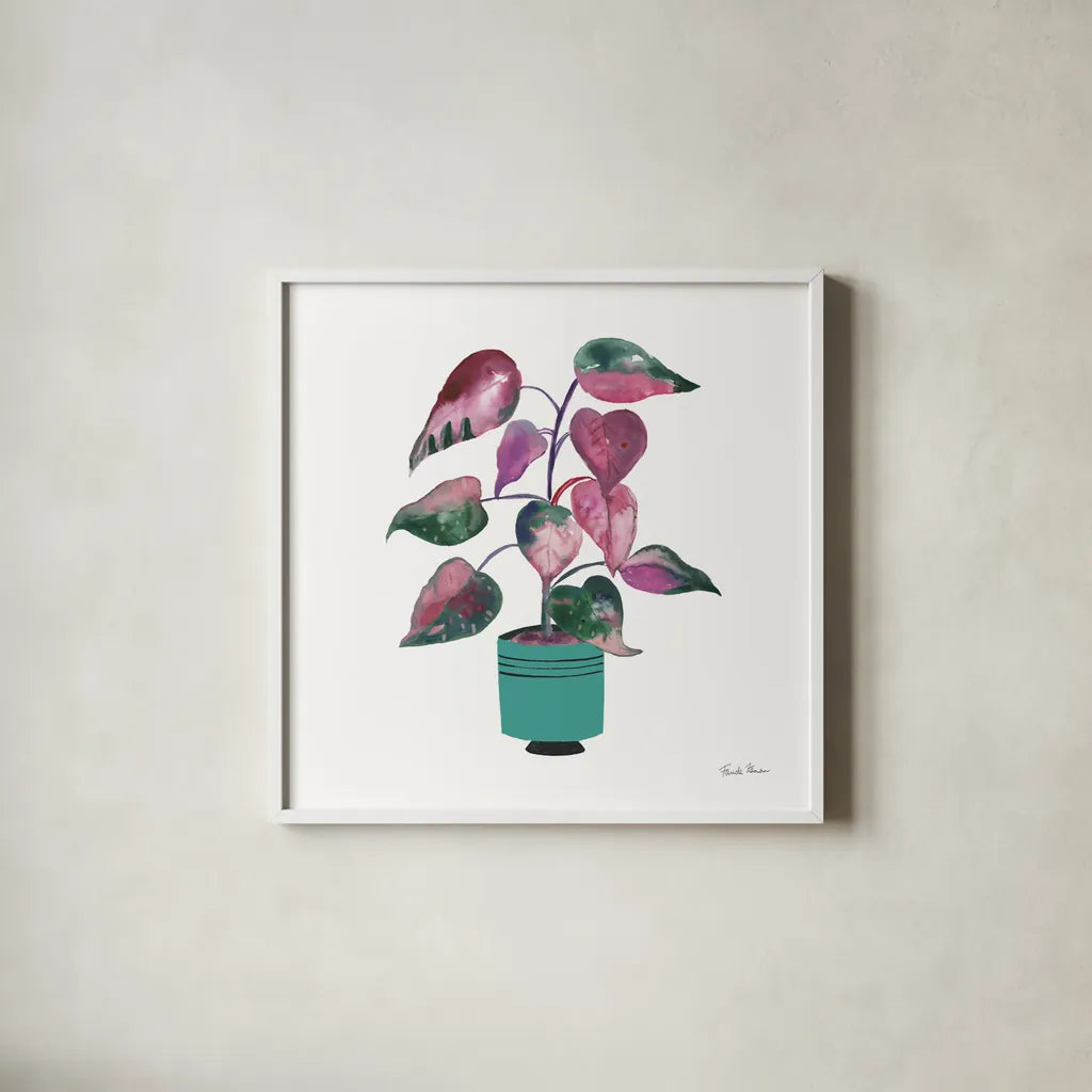 Potted Jewels II Aqua by Farida Zaman. Shown in a crisp white glass frame for a clean and minimalist style. Available as an archival giclee rolled canvas, fine art paper, or poster print. SKU 68950a.