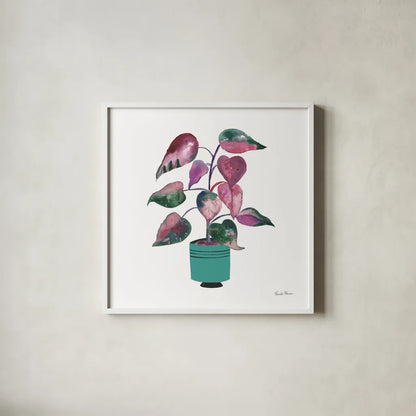 Potted Jewels II Aqua by Farida Zaman. Shown in a crisp white glass frame for a clean and minimalist style. Available as an archival giclee rolled canvas, fine art paper, or poster print. SKU 68950a.