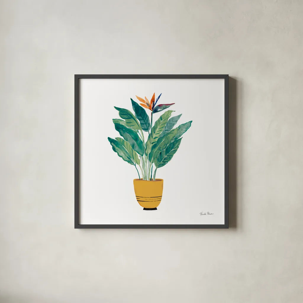 Potted Jewels III by Farida Zaman. Shown in a sleek black glass frame for a contemporary gallery look. Available as an archival giclee rolled canvas, fine art paper, or poster print. SKU 71511a.