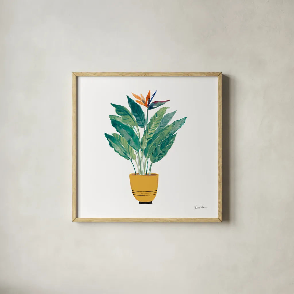 Potted Jewels III by Farida Zaman. Shown in a natural wood glass frame for a timeless modern aesthetic. Available as an archival giclee rolled canvas, fine art paper, or poster print. SKU 71511a.