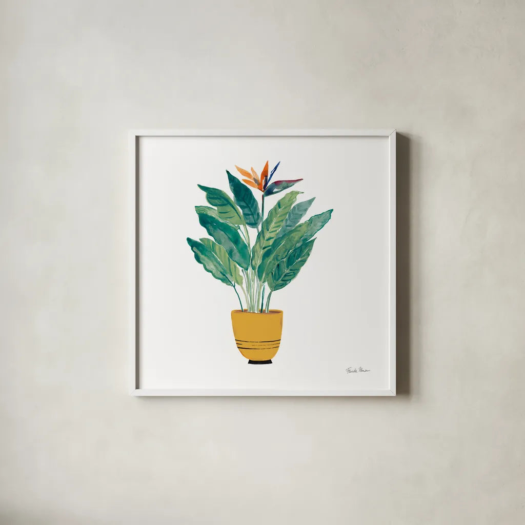 Potted Jewels III by Farida Zaman. Shown in a crisp white glass frame for a clean and minimalist style. Available as an archival giclee rolled canvas, fine art paper, or poster print. SKU 71511a.