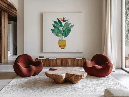 Potted Jewels III by Farida Zaman. Shown as extra-large giant wall art in a modern living room. Available as an archival giclee rolled canvas, fine art paper, or poster print. SKU 71511a.