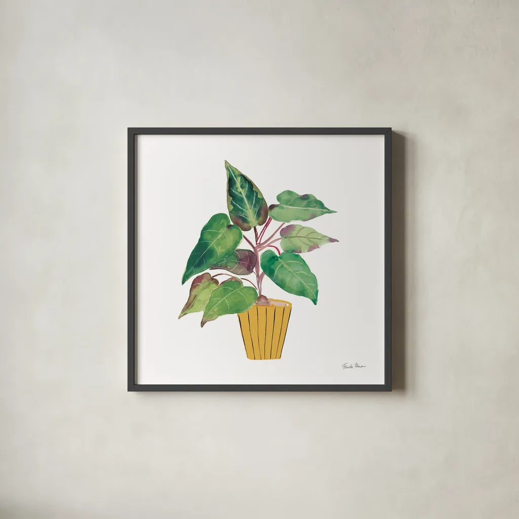 Potted Jewels IV by Farida Zaman. Shown in a sleek black glass frame for a contemporary gallery look. Available as an archival giclee rolled canvas, fine art paper, or poster print. SKU 71512a.
