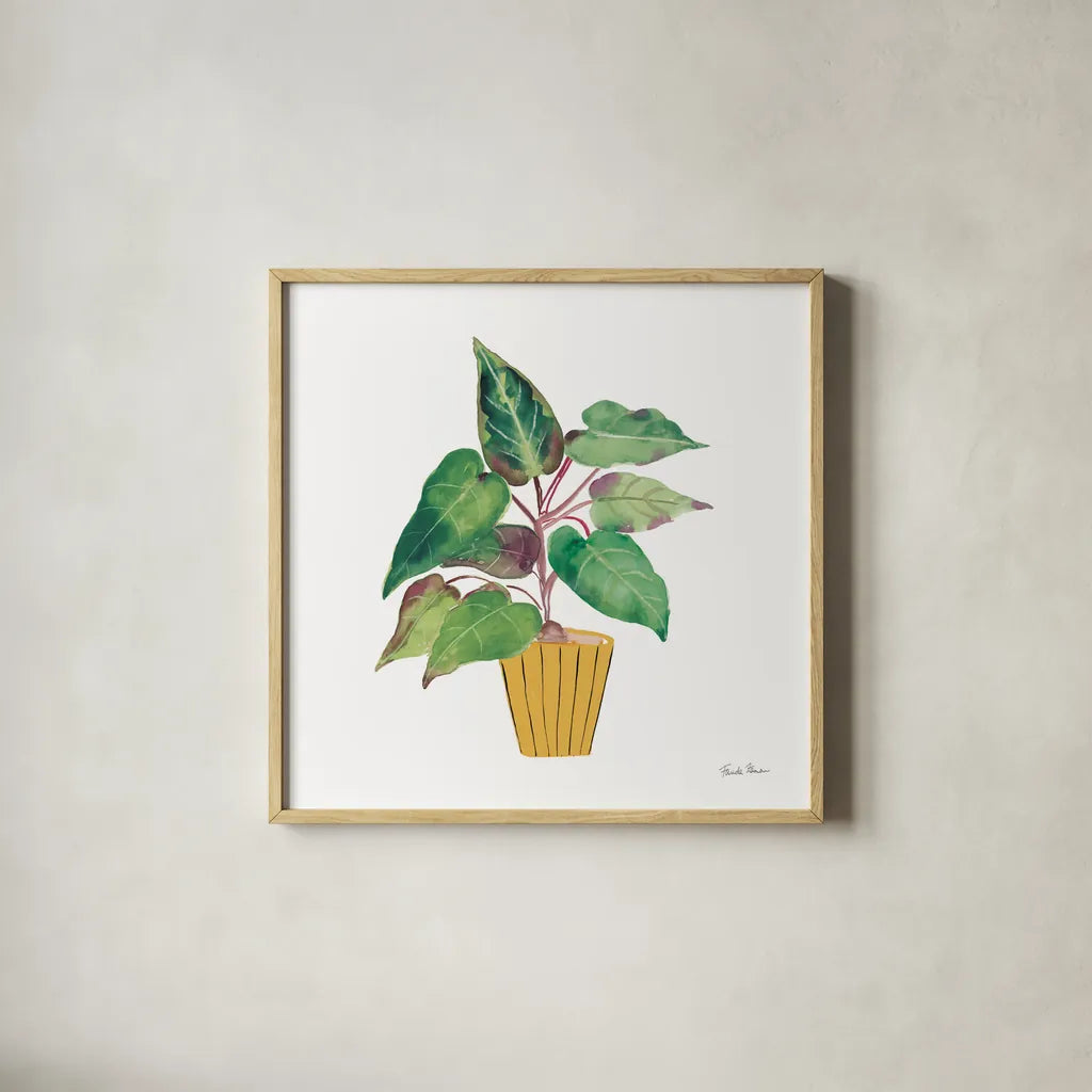 Potted Jewels IV by Farida Zaman. Shown in a natural wood glass frame for a timeless modern aesthetic. Available as an archival giclee rolled canvas, fine art paper, or poster print. SKU 71512a.