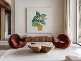 Potted Jewels IV by Farida Zaman. Shown as extra-large giant wall art in a modern living room. Available as an archival giclee rolled canvas, fine art paper, or poster print. SKU 71512a.