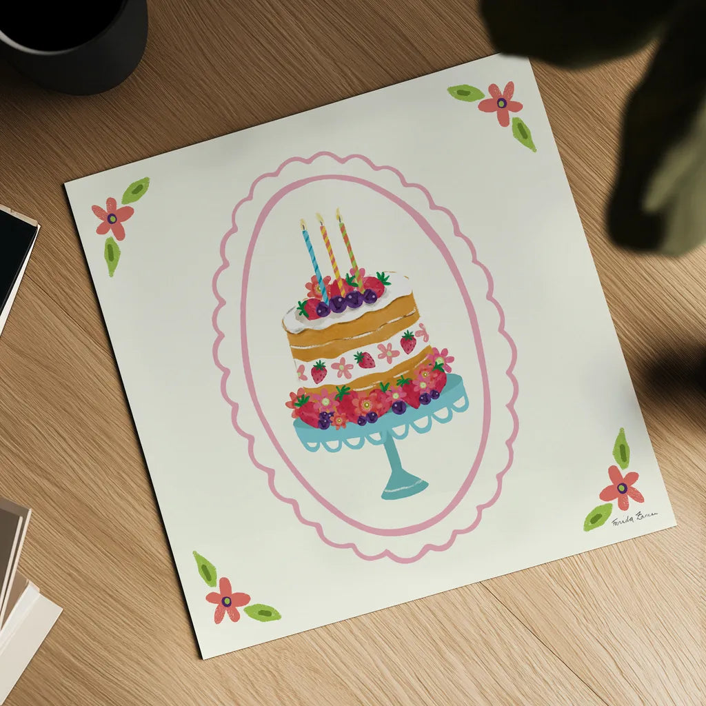 Pretty Cake I by Farida Zaman. Shown as a detailed flat fine art print, highlighting archival giclee quality. Available as an archival giclee rolled canvas, fine art paper, or poster print. SKU 101158a.