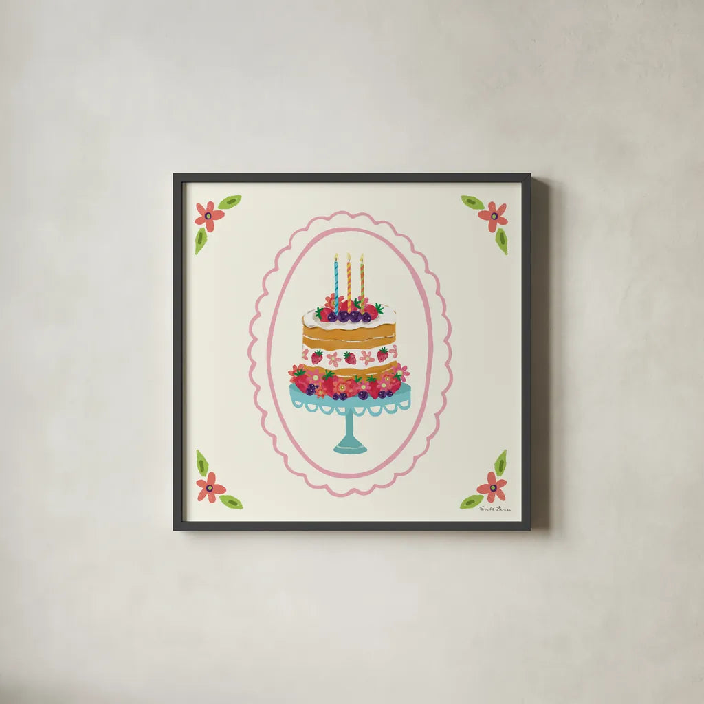 Pretty Cake I by Farida Zaman. Shown in a sleek black glass frame for a contemporary gallery look. Available as an archival giclee rolled canvas, fine art paper, or poster print. SKU 101158a.