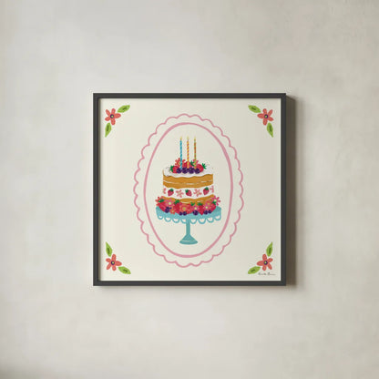 Pretty Cake I by Farida Zaman. Shown in a sleek black glass frame for a contemporary gallery look. Available as an archival giclee rolled canvas, fine art paper, or poster print. SKU 101158a.
