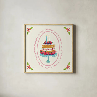 Pretty Cake I by Farida Zaman. Shown in a natural wood glass frame for a timeless modern aesthetic. Available as an archival giclee rolled canvas, fine art paper, or poster print. SKU 101158a.