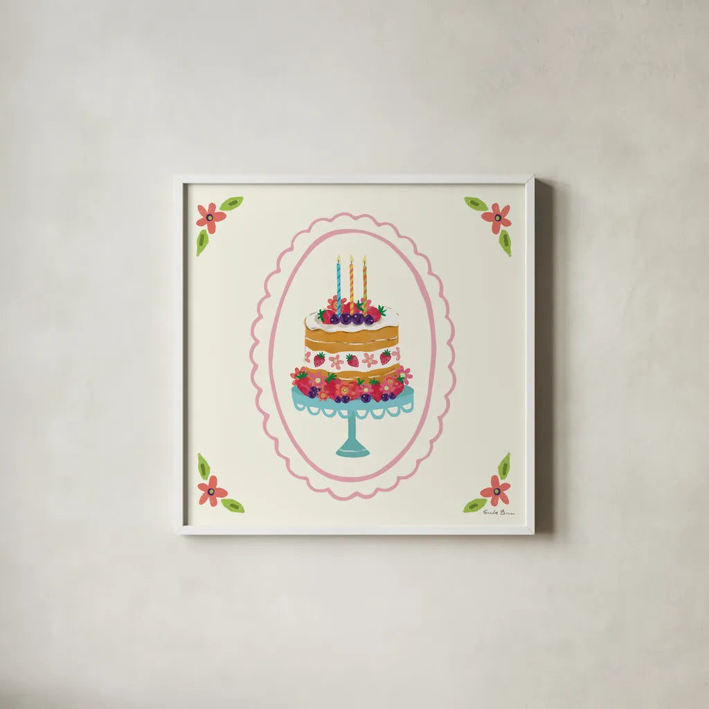 Pretty Cake I by Farida Zaman. Shown in a crisp white glass frame for a clean and minimalist style. Available as an archival giclee rolled canvas, fine art paper, or poster print. SKU 101158a.