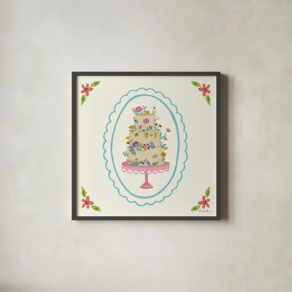 Pretty Cake II by Farida Zaman. Shown in a sleek black glass frame for a contemporary gallery look. Available as an archival giclee rolled canvas, fine art paper, or poster print. SKU 101159a.