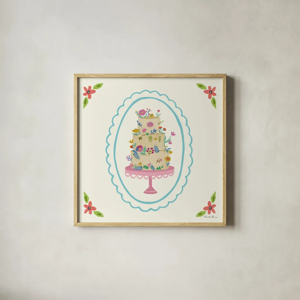 Pretty Cake II by Farida Zaman. Shown in a natural wood glass frame for a timeless modern aesthetic. Available as an archival giclee rolled canvas, fine art paper, or poster print. SKU 101159a.