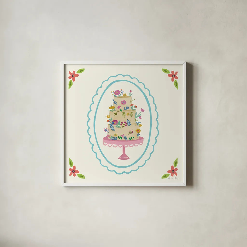 Pretty Cake II by Farida Zaman. Shown in a crisp white glass frame for a clean and minimalist style. Available as an archival giclee rolled canvas, fine art paper, or poster print. SKU 101159a.