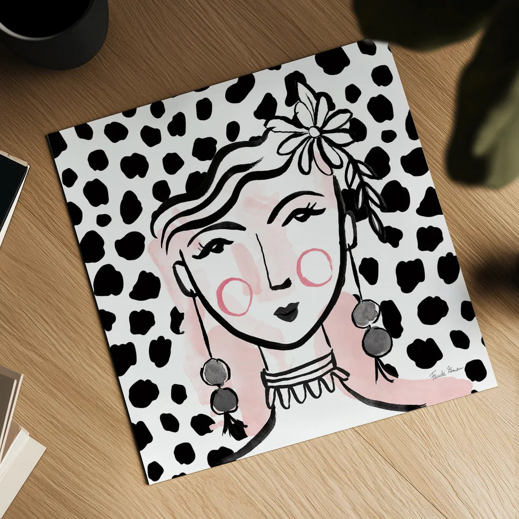 Pretty Faces I Pink by Farida Zaman. Shown as a detailed flat fine art print, highlighting archival giclee quality. Available as an archival giclee rolled canvas, fine art paper, or poster print. SKU 67611a.