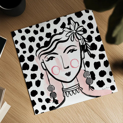 Pretty Faces I Pink by Farida Zaman. Shown as a detailed flat fine art print, highlighting archival giclee quality. Available as an archival giclee rolled canvas, fine art paper, or poster print. SKU 67611a.