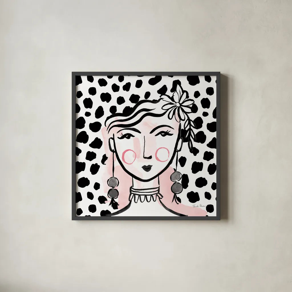 Pretty Faces I Pink by Farida Zaman. Shown in a sleek black glass frame for a contemporary gallery look. Available as an archival giclee rolled canvas, fine art paper, or poster print. SKU 67611a.