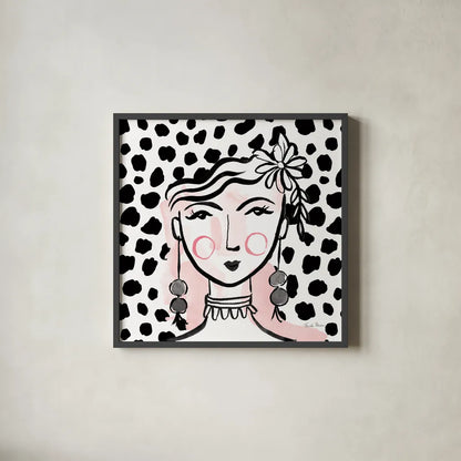 Pretty Faces I Pink by Farida Zaman. Shown in a sleek black glass frame for a contemporary gallery look. Available as an archival giclee rolled canvas, fine art paper, or poster print. SKU 67611a.