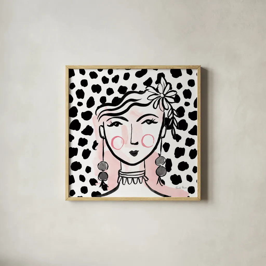 Pretty Faces I Pink by Farida Zaman. Shown in a natural wood glass frame for a timeless modern aesthetic. Available as an archival giclee rolled canvas, fine art paper, or poster print. SKU 67611a.