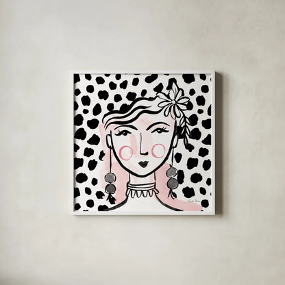 Pretty Faces I Pink by Farida Zaman. Shown in a crisp white glass frame for a clean and minimalist style. Available as an archival giclee rolled canvas, fine art paper, or poster print. SKU 67611a.
