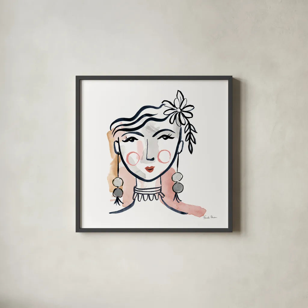 Pretty Faces I Soft by Farida Zaman. Shown in a sleek black glass frame for a contemporary gallery look. Available as an archival giclee rolled canvas, fine art paper, or poster print. SKU 71608a.