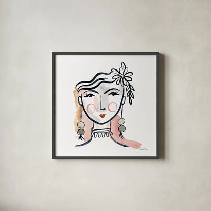 Pretty Faces I Soft by Farida Zaman. Shown in a sleek black glass frame for a contemporary gallery look. Available as an archival giclee rolled canvas, fine art paper, or poster print. SKU 71608a.