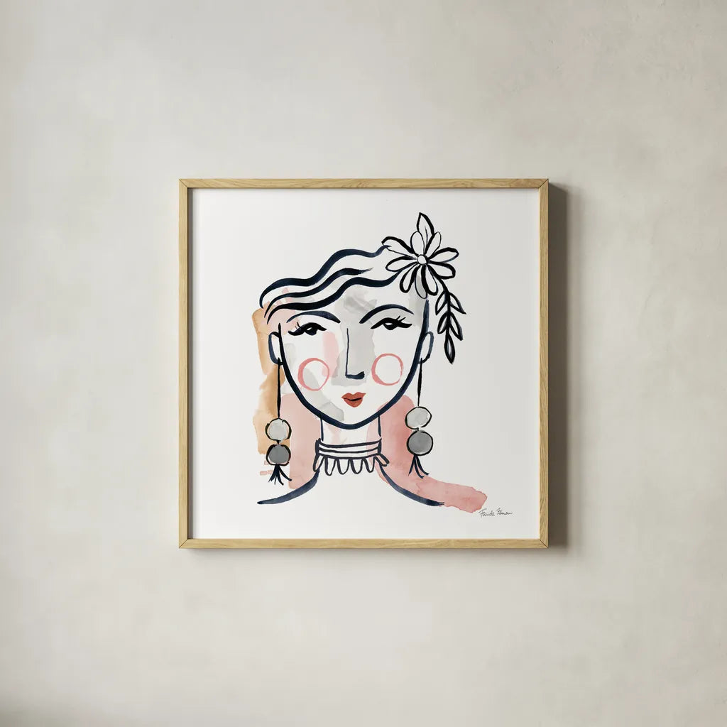 Pretty Faces I Soft by Farida Zaman. Shown in a natural wood glass frame for a timeless modern aesthetic. Available as an archival giclee rolled canvas, fine art paper, or poster print. SKU 71608a.