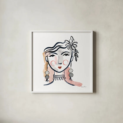 Pretty Faces I Soft by Farida Zaman. Shown in a crisp white glass frame for a clean and minimalist style. Available as an archival giclee rolled canvas, fine art paper, or poster print. SKU 71608a.