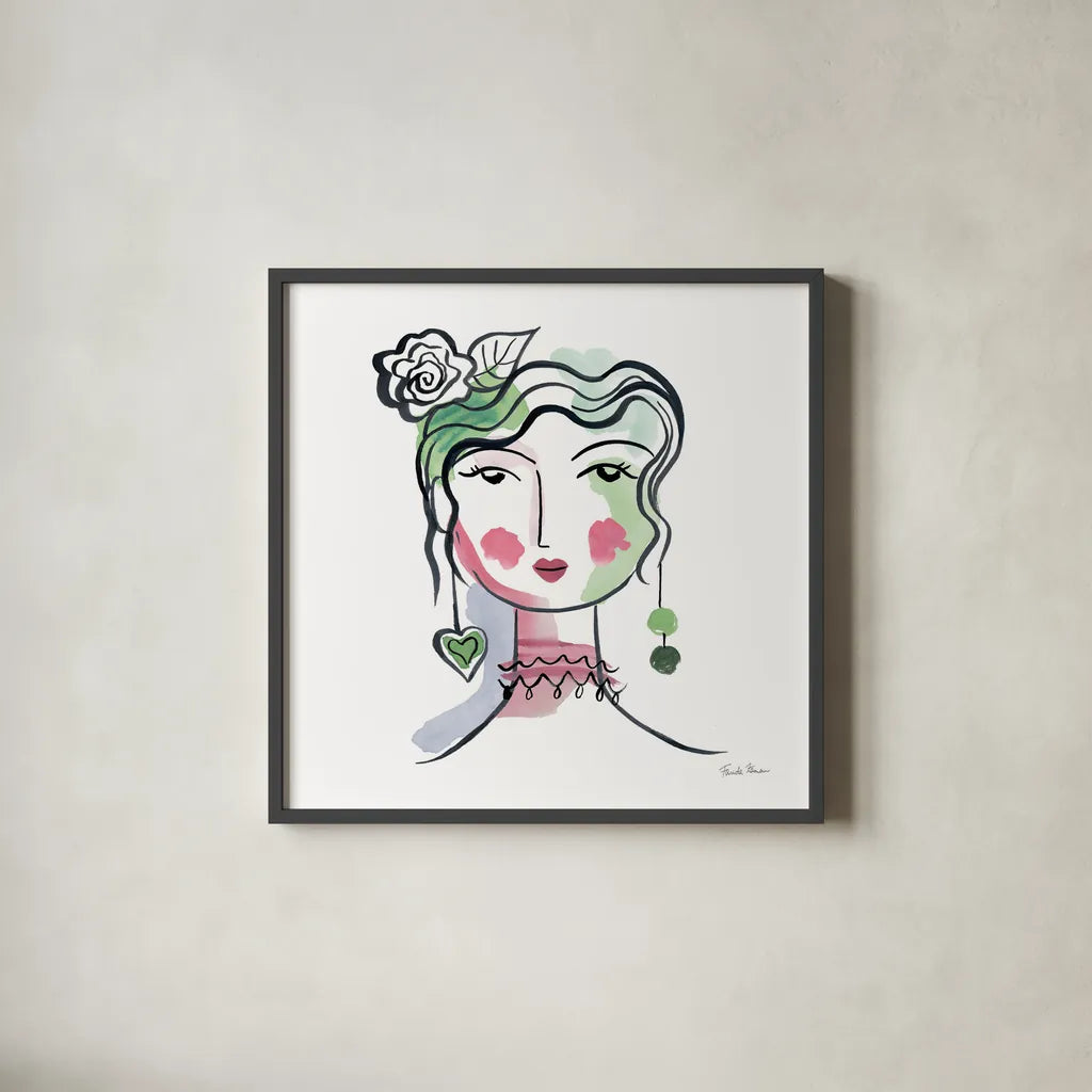 Pretty Faces II by Farida Zaman. Shown in a sleek black glass frame for a contemporary gallery look. Available as an archival giclee rolled canvas, fine art paper, or poster print. SKU 59731a.