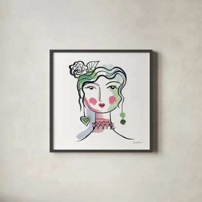 Pretty Faces II by Farida Zaman. Shown in a sleek black glass frame for a contemporary gallery look. Available as an archival giclee rolled canvas, fine art paper, or poster print. SKU 59731a.