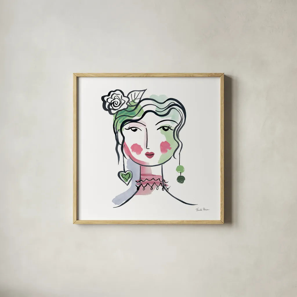 Pretty Faces II by Farida Zaman. Shown in a natural wood glass frame for a timeless modern aesthetic. Available as an archival giclee rolled canvas, fine art paper, or poster print. SKU 59731a.