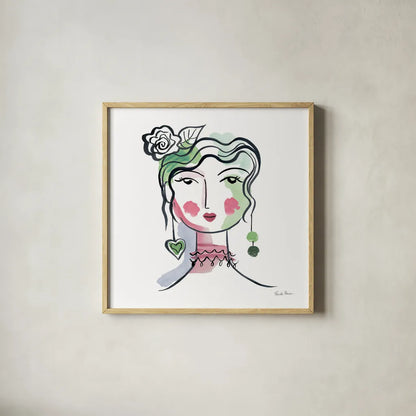 Pretty Faces II by Farida Zaman. Shown in a natural wood glass frame for a timeless modern aesthetic. Available as an archival giclee rolled canvas, fine art paper, or poster print. SKU 59731a.