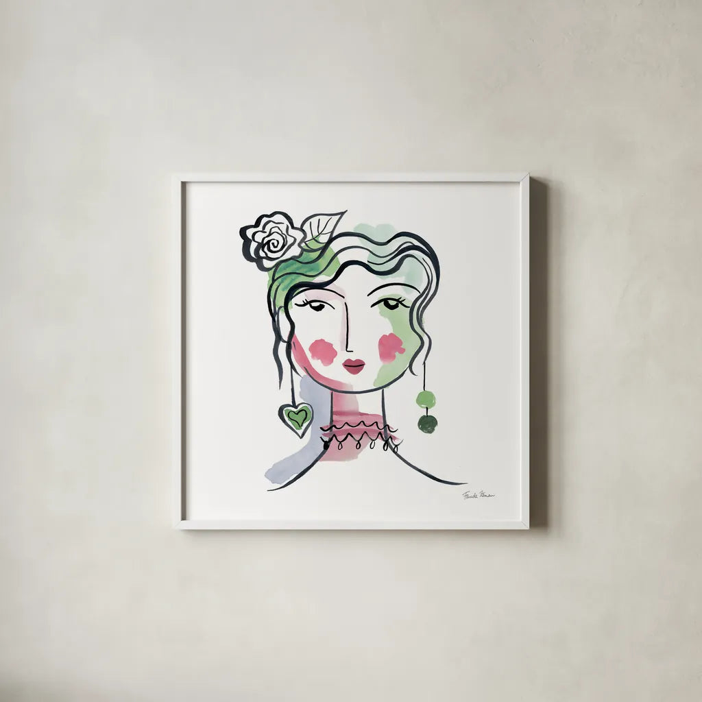 Pretty Faces II by Farida Zaman. Shown in a crisp white glass frame for a clean and minimalist style. Available as an archival giclee rolled canvas, fine art paper, or poster print. SKU 59731a.