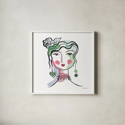 Pretty Faces II by Farida Zaman. Shown in a crisp white glass frame for a clean and minimalist style. Available as an archival giclee rolled canvas, fine art paper, or poster print. SKU 59731a.